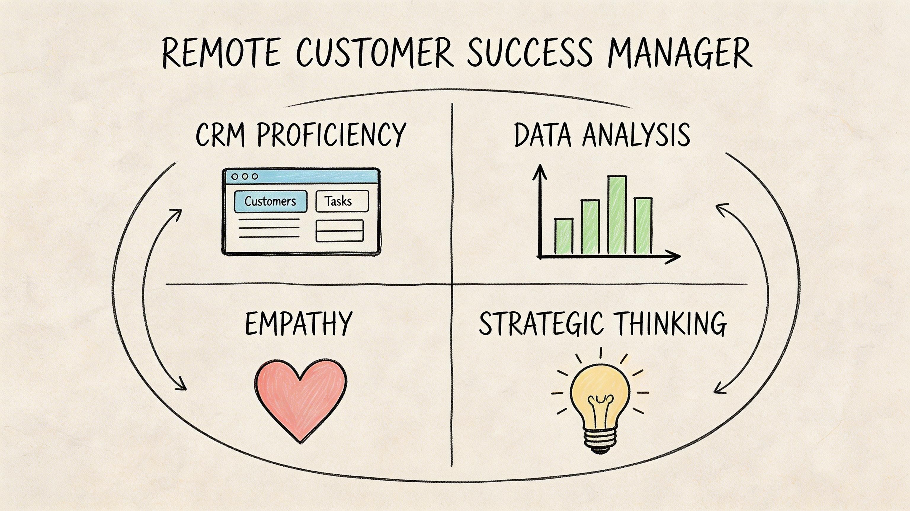 A hand-drawn illustration outlining the four key skills required for a remote customer success manager role.