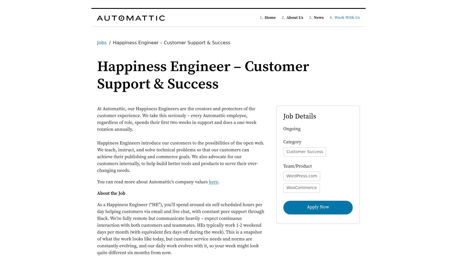 Automattic, Direct‑Hire “Happiness Engineer” (Customer Support)