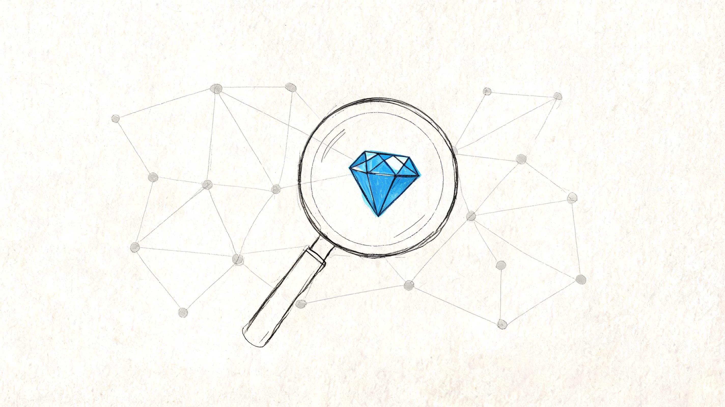 A magnifying glass focusing on a bright blue diamond drawing over a faint gray network background.