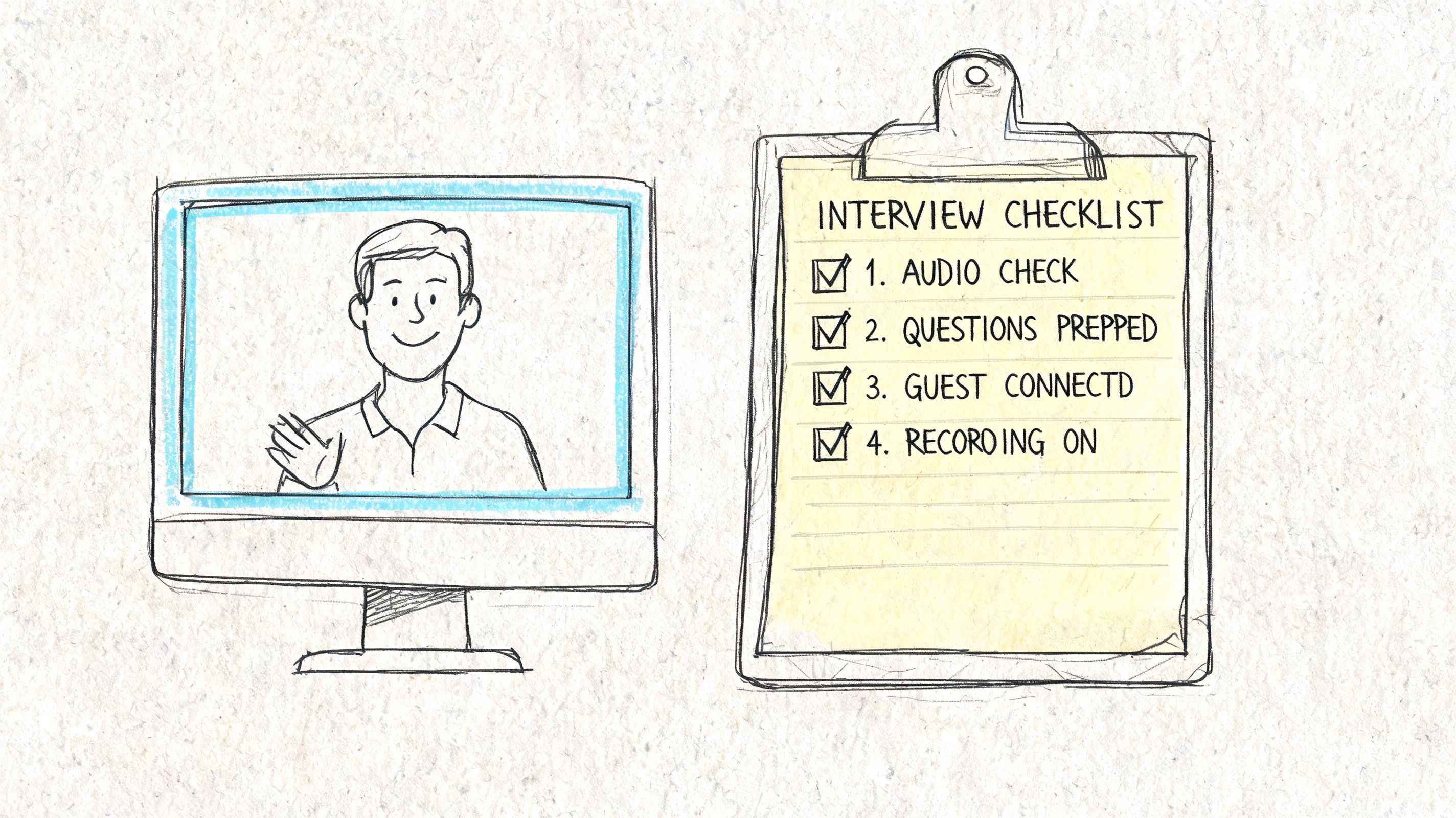 A hand-drawn illustration featuring a person on a computer screen next to an interview checklist clipboard.