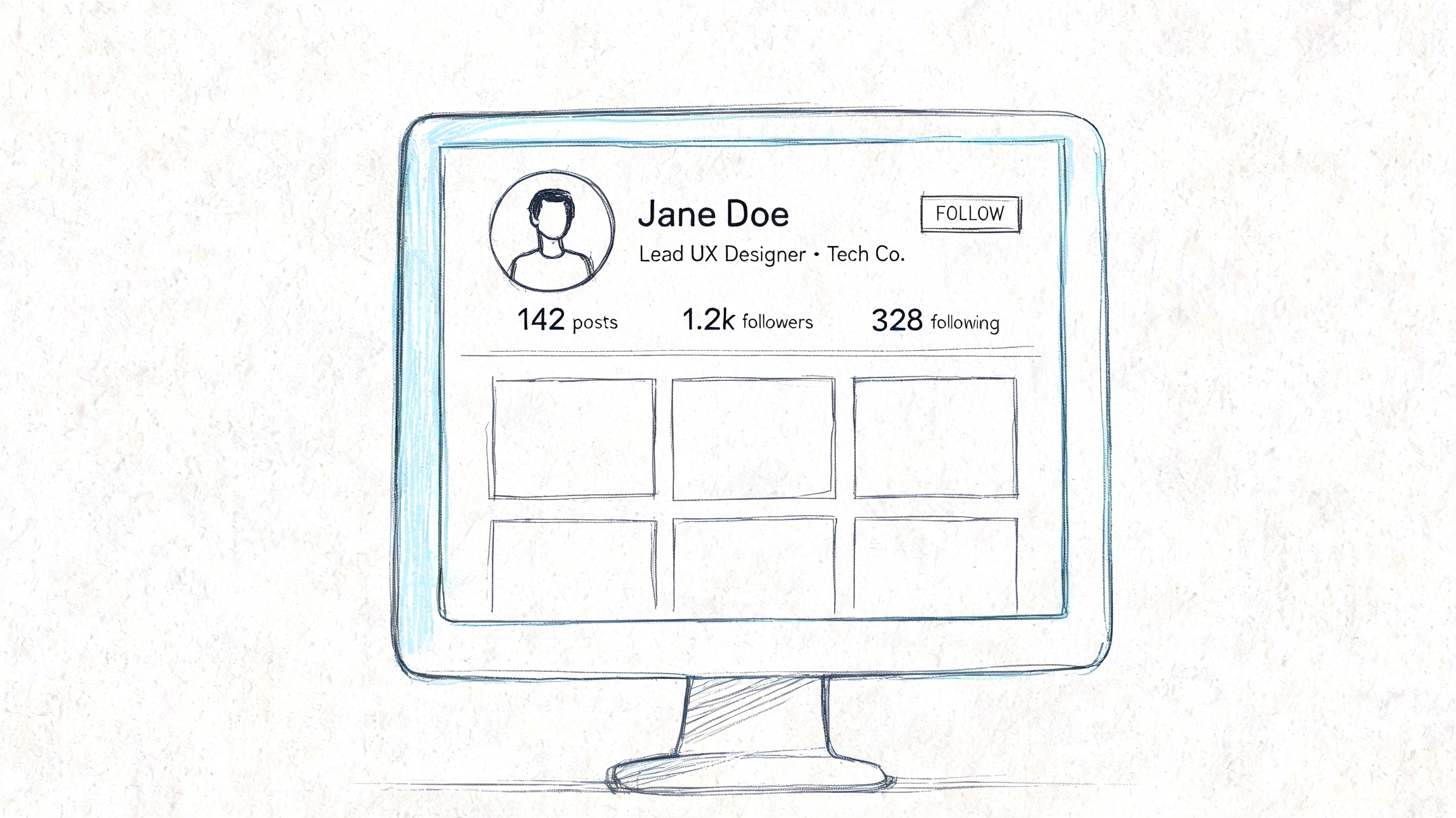 A hand-drawn sketch of a social media profile on a computer monitor showing a user’s details.