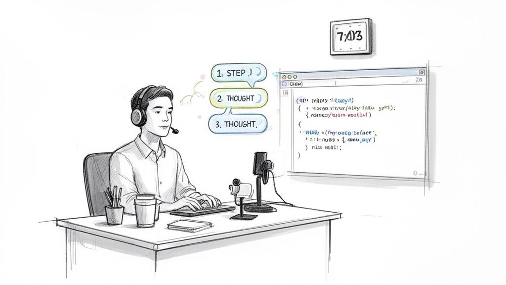 Illustration of a person with a headset typing code at a desk, showing step and thought bubbles.