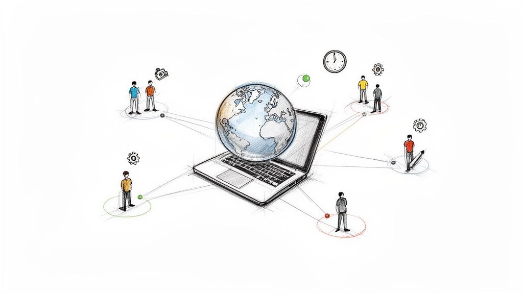 A hand-drawn sketch showing a laptop with a globe, symbolizing global remote collaboration.