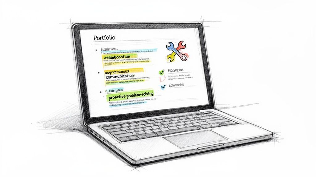 A sketch of a laptop screen displaying a portfolio with highlighted professional skills and examples.