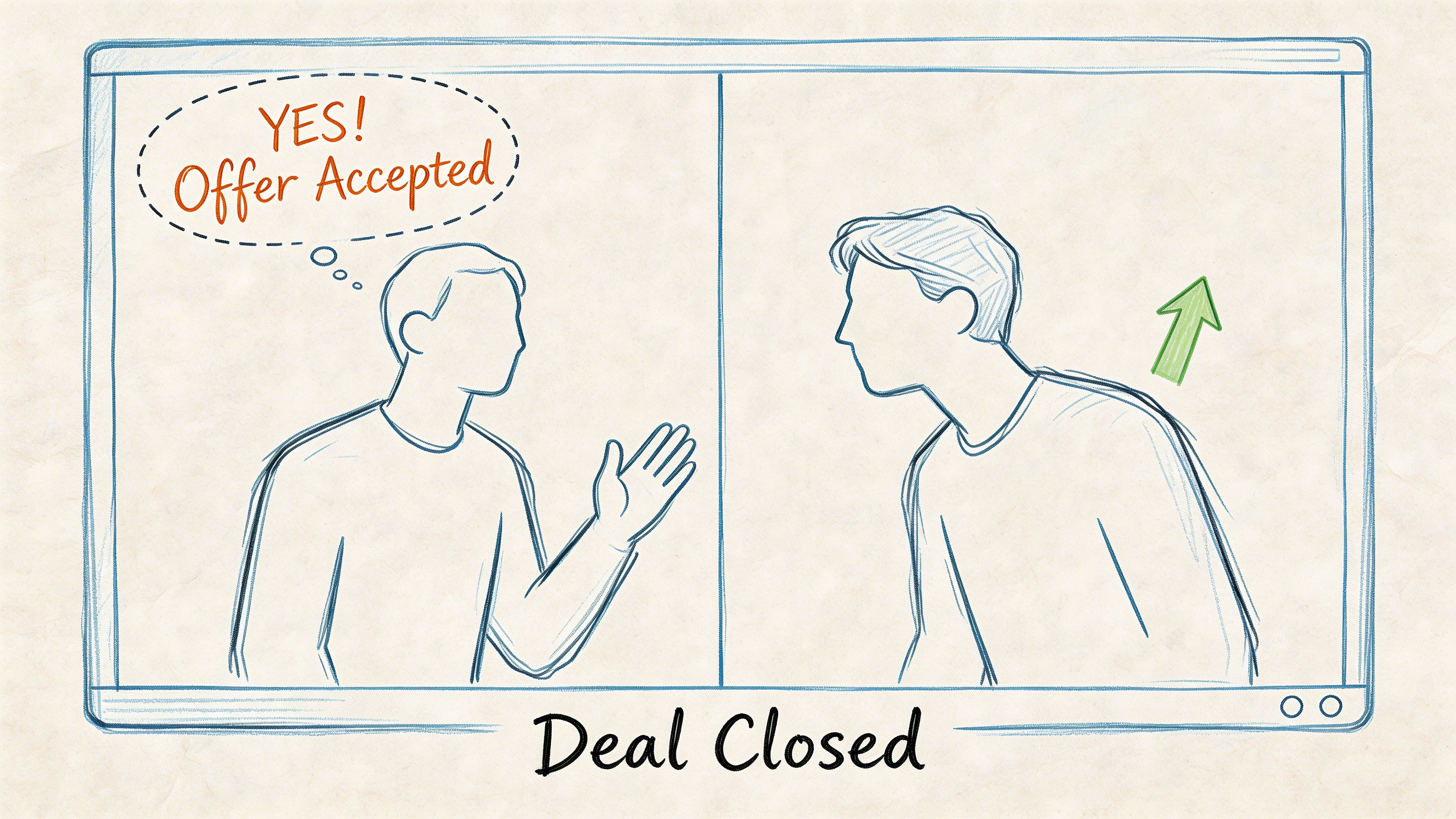 A digital sketch of two people on a video call celebrating a successful business deal agreement.