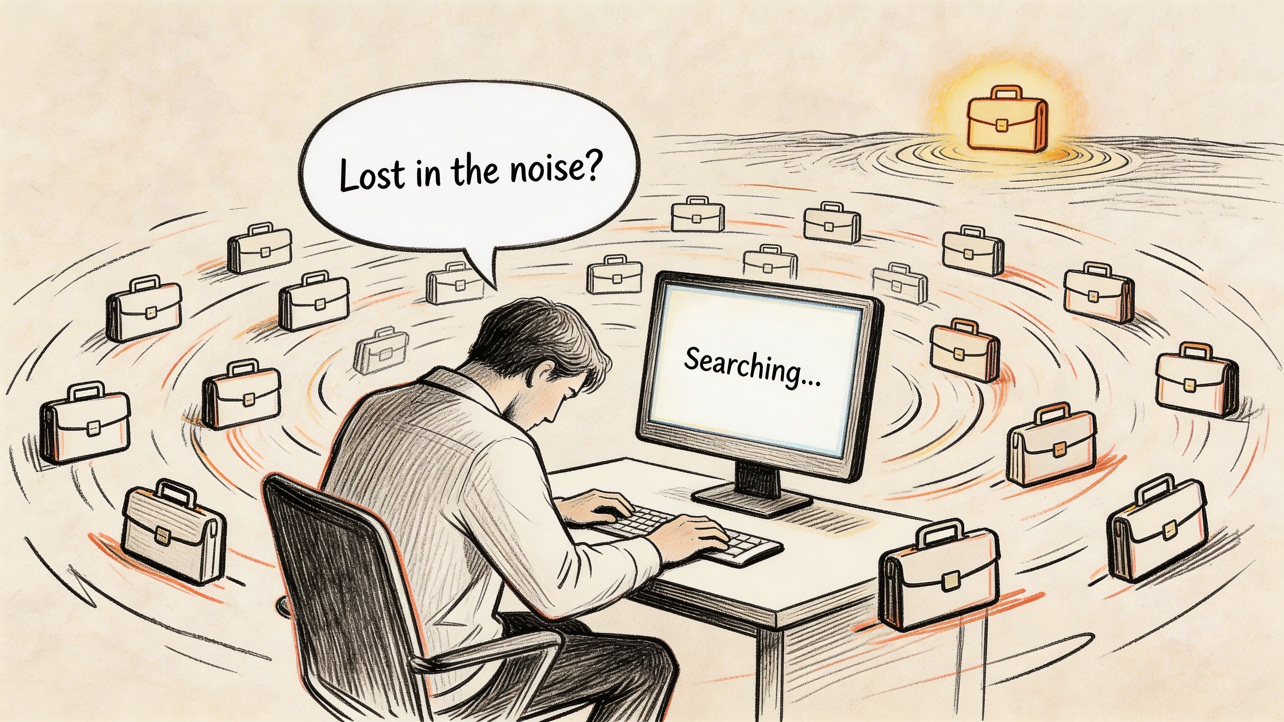 A professional searching for remote full stack developer jobs while overwhelmed by many briefcase icons.