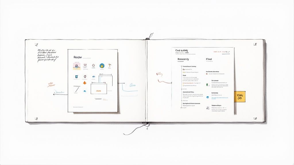 Open notebook with design diagrams, research notes, and handwritten annotations on white pages.