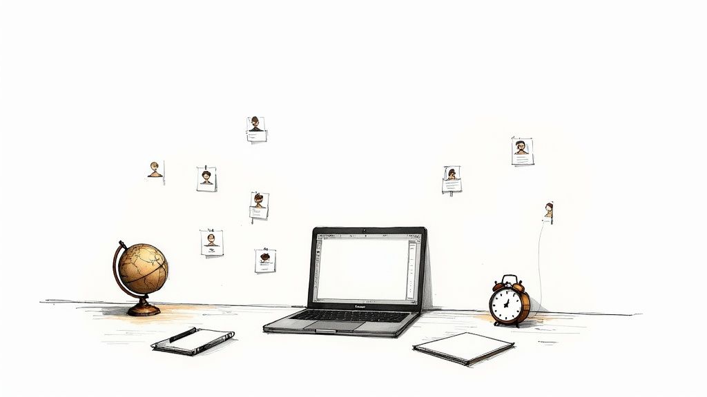 A drawing of a minimalist desk setup with a laptop, globe, and alarm clock, with small profile icons on the wall.