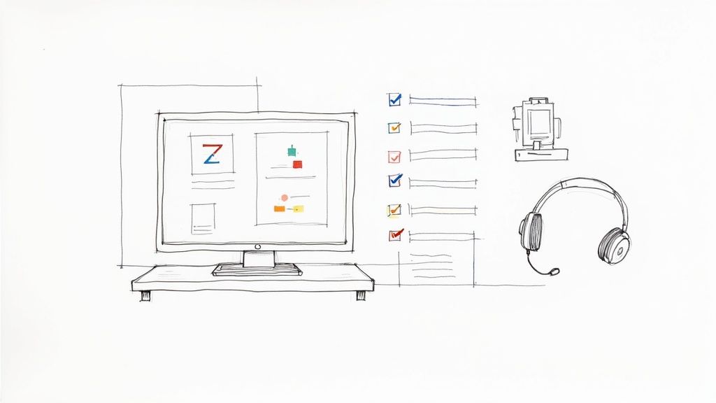 Sketch of a remote work setup: computer with data, checklist, video camera, and headphones.