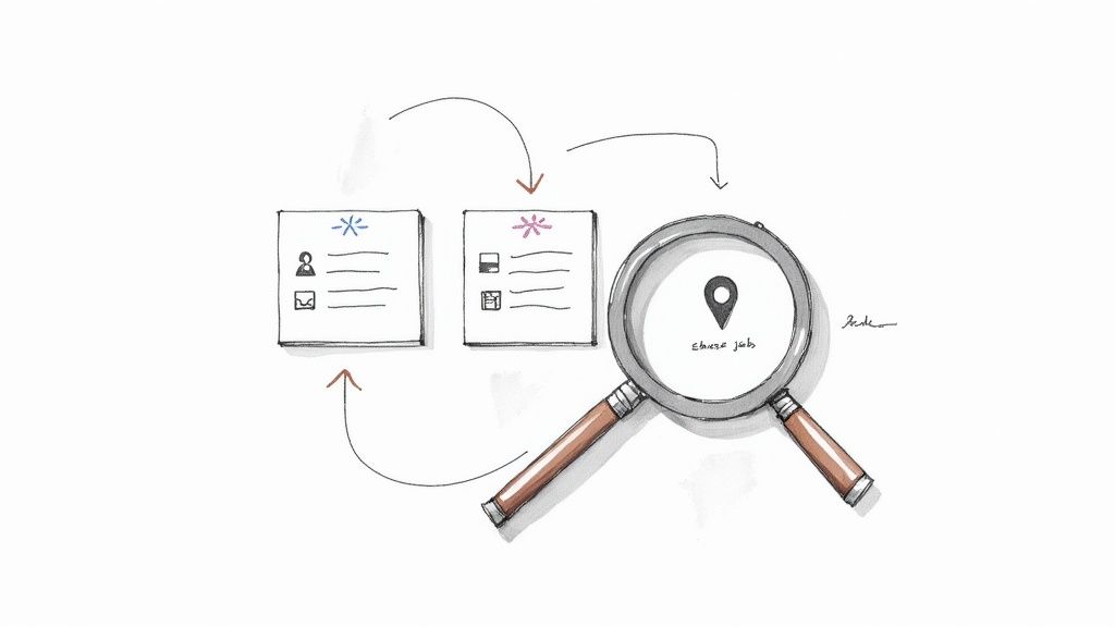 A sketch illustrating a job search process with two information cards, arrows, and a magnifying glass.