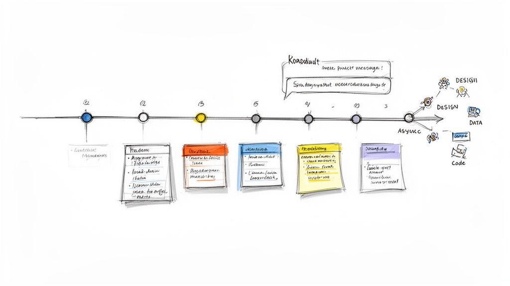 A hand-drawn timeline showing project phases with sticky notes, branching into design, data, and code.