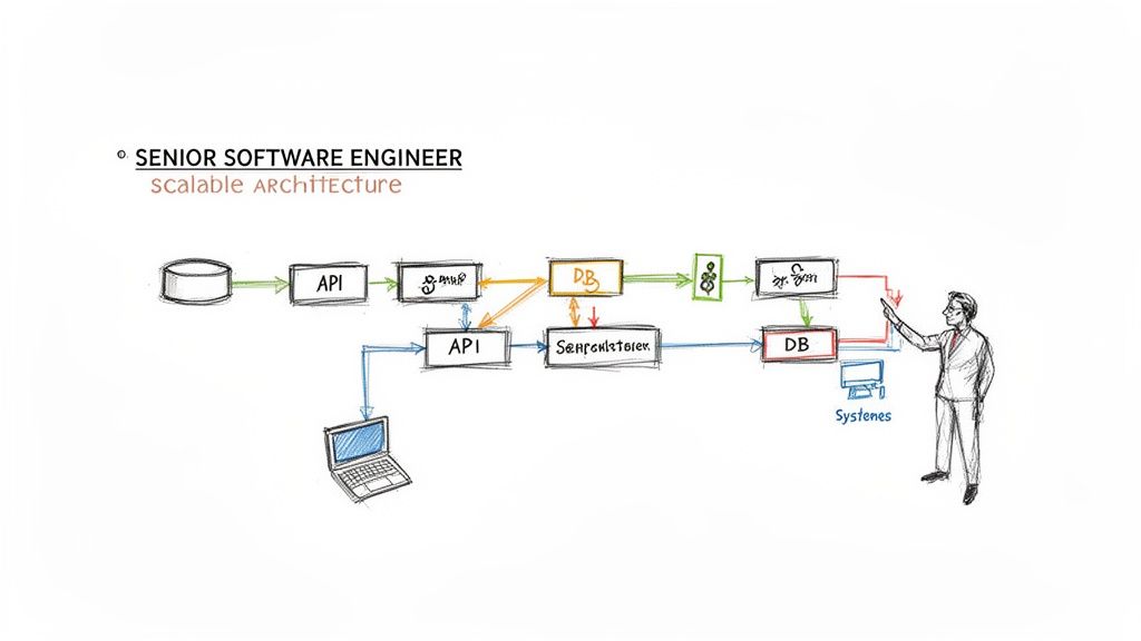 A hand-drawn diagram illustrating a scalable software architecture with APIs, databases, and a senior software engineer explaining it.