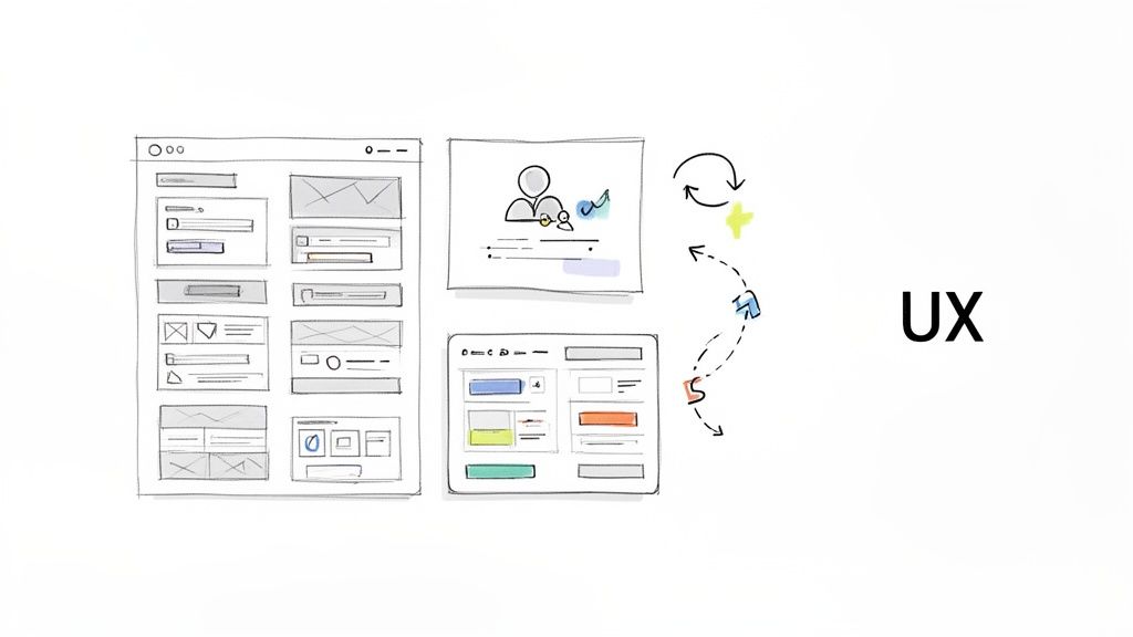 Sketch of UX design process with wireframes, user interface elements, and iterative feedback cycle.