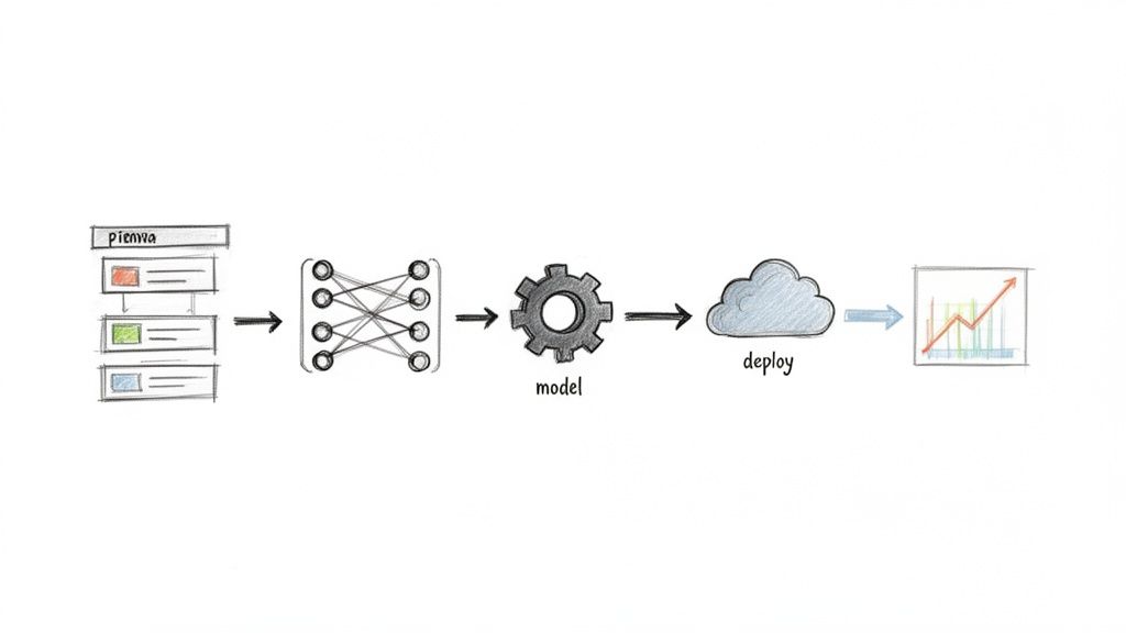 A hand-drawn workflow diagram illustrating data input, a neural network, a model, deployment, and performance results.