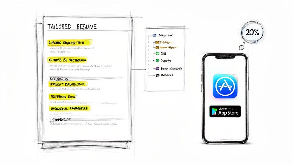 Sketch of a tailored resume, a list of options, and a smartphone advertising an App Store app with a 20% thought bubble.