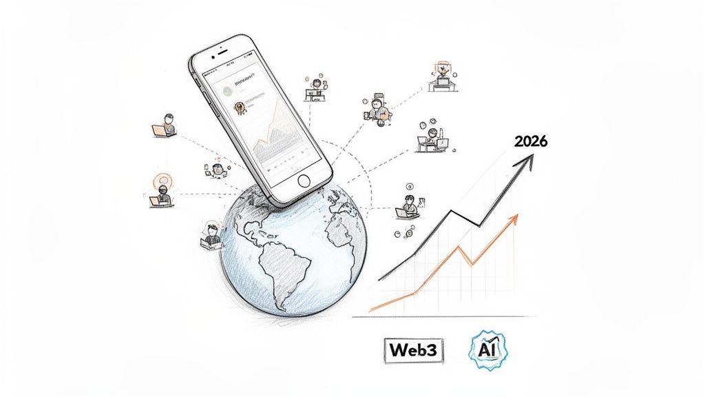 Sketch of a smartphone on a globe connecting remote workers, showing growth with Web3 and AI.