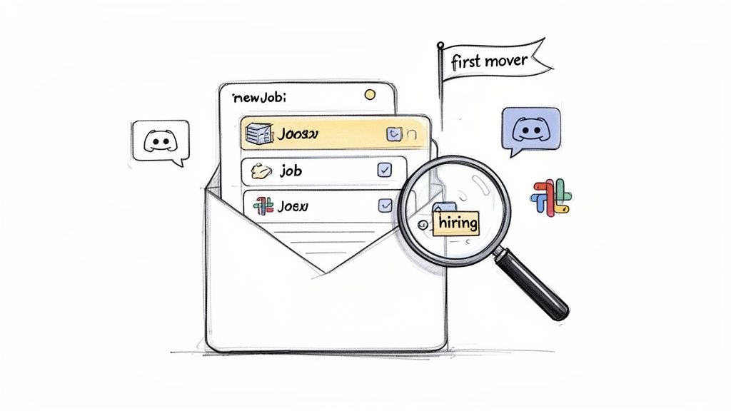 Illustration of an open envelope with job search items, a magnifying glass finding ‘hiring’, and app icons.