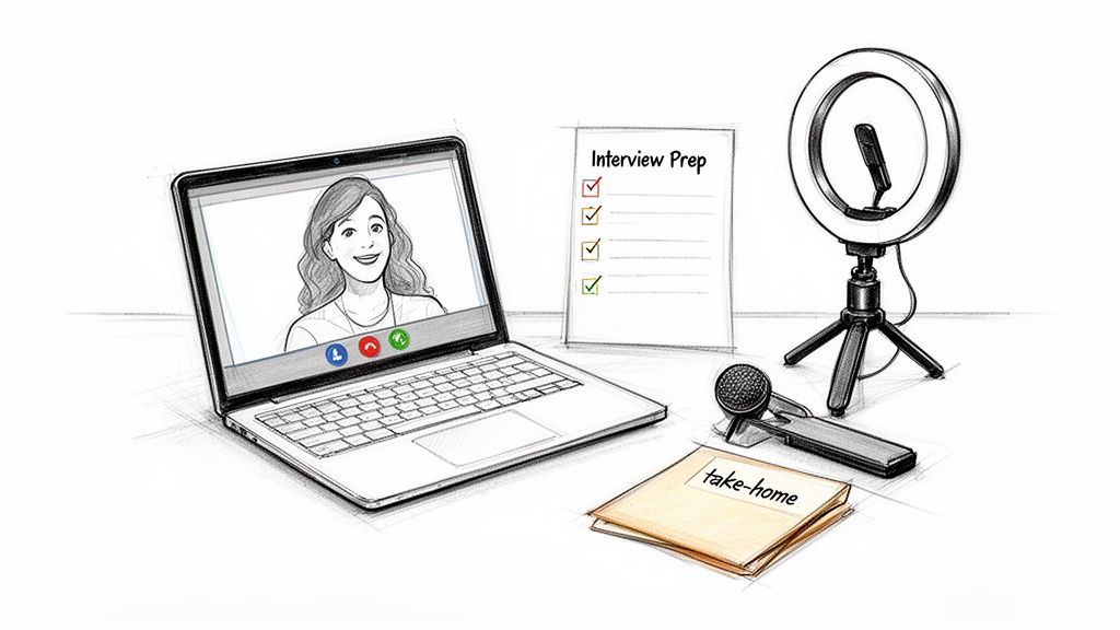 A sketch showing a laptop with a video call, interview prep list, ring light, and microphone, for remote work or interviews.