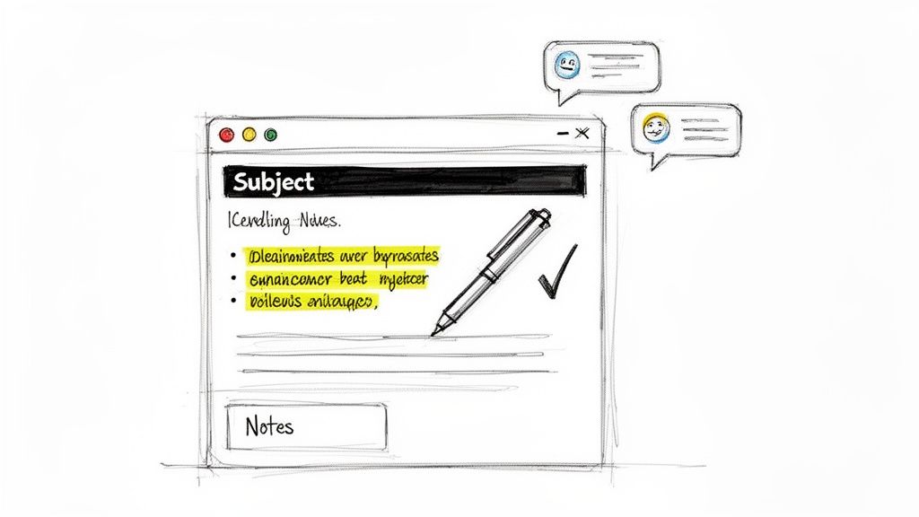 A hand-drawn sketch of a computer window displaying notes, a pen, a checkmark, and chat bubbles.