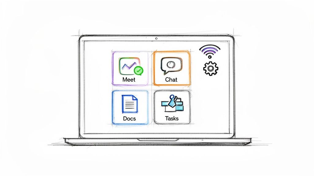 Hand-drawn laptop screen displays various app icons including Meet, Chat, Docs, and Tasks.