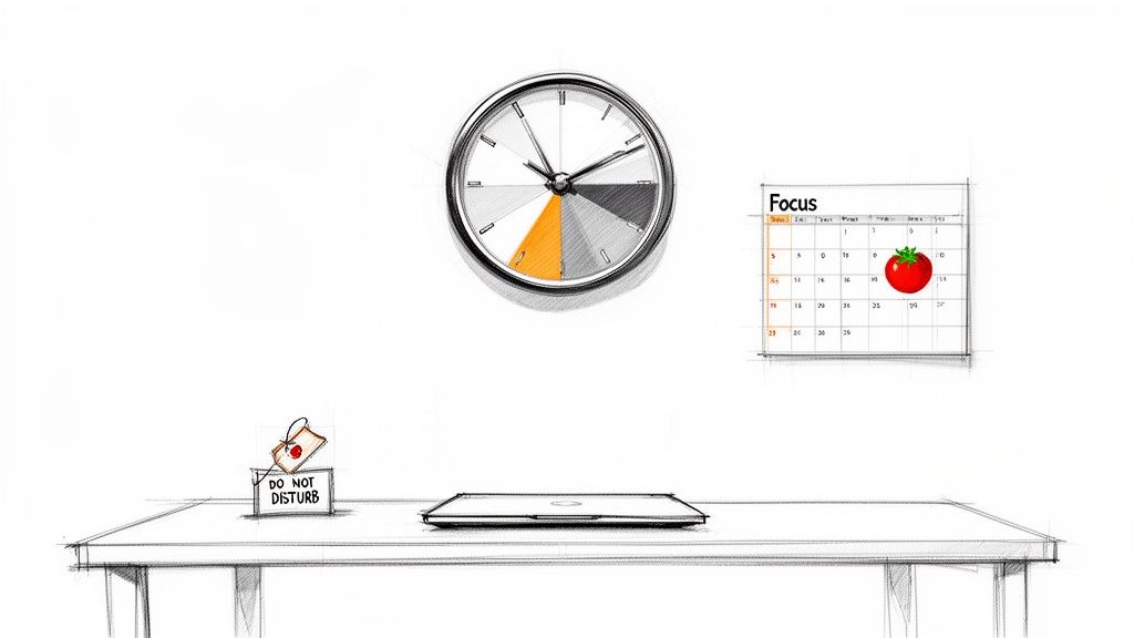 A minimalist desk setup with a laptop, a productivity clock, a ‘Do Not Disturb’ sign, and a focus calendar.