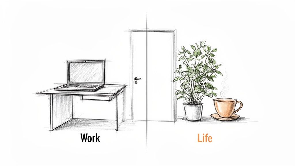 An illustration of work-life balance, showing a laptop for work and a plant with coffee for life.