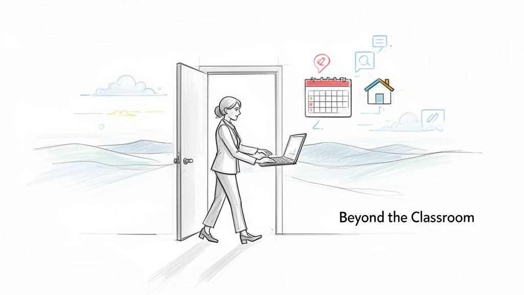 A woman with a laptop steps through a doorway into a landscape, surrounded by digital work icons.