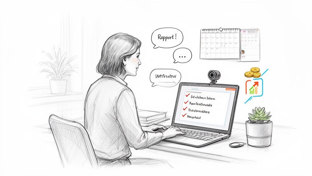 A woman works on a laptop with a webcam, calendar, and business icons, suggesting remote work.