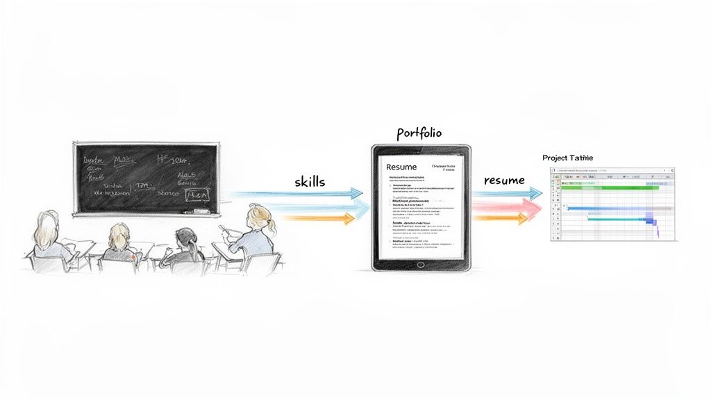 Workflow illustration from classroom skill acquisition to building a digital resume/portfolio and managing projects.