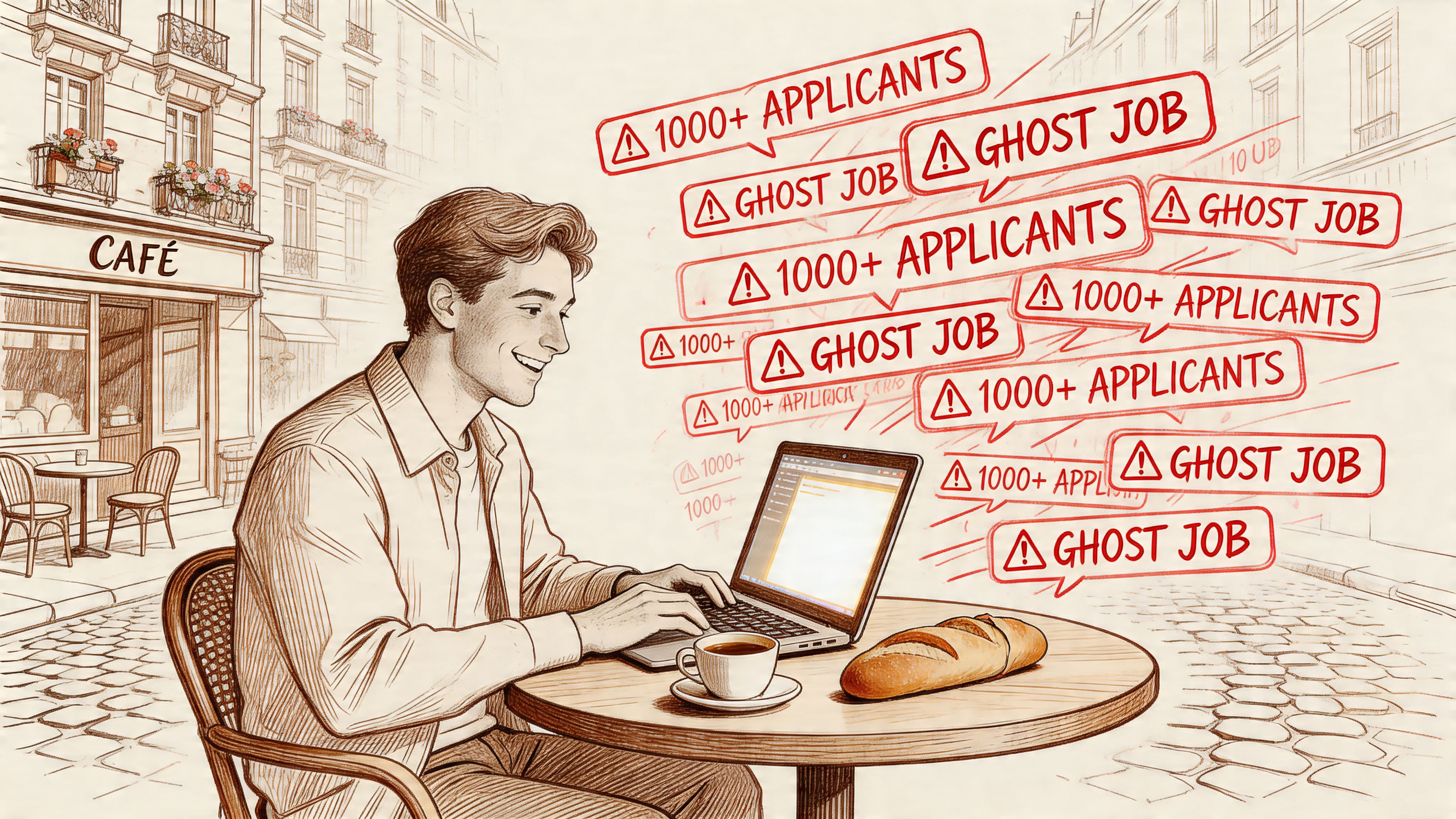 A young man sitting in a French café working on his laptop amidst numerous job search notifications.
