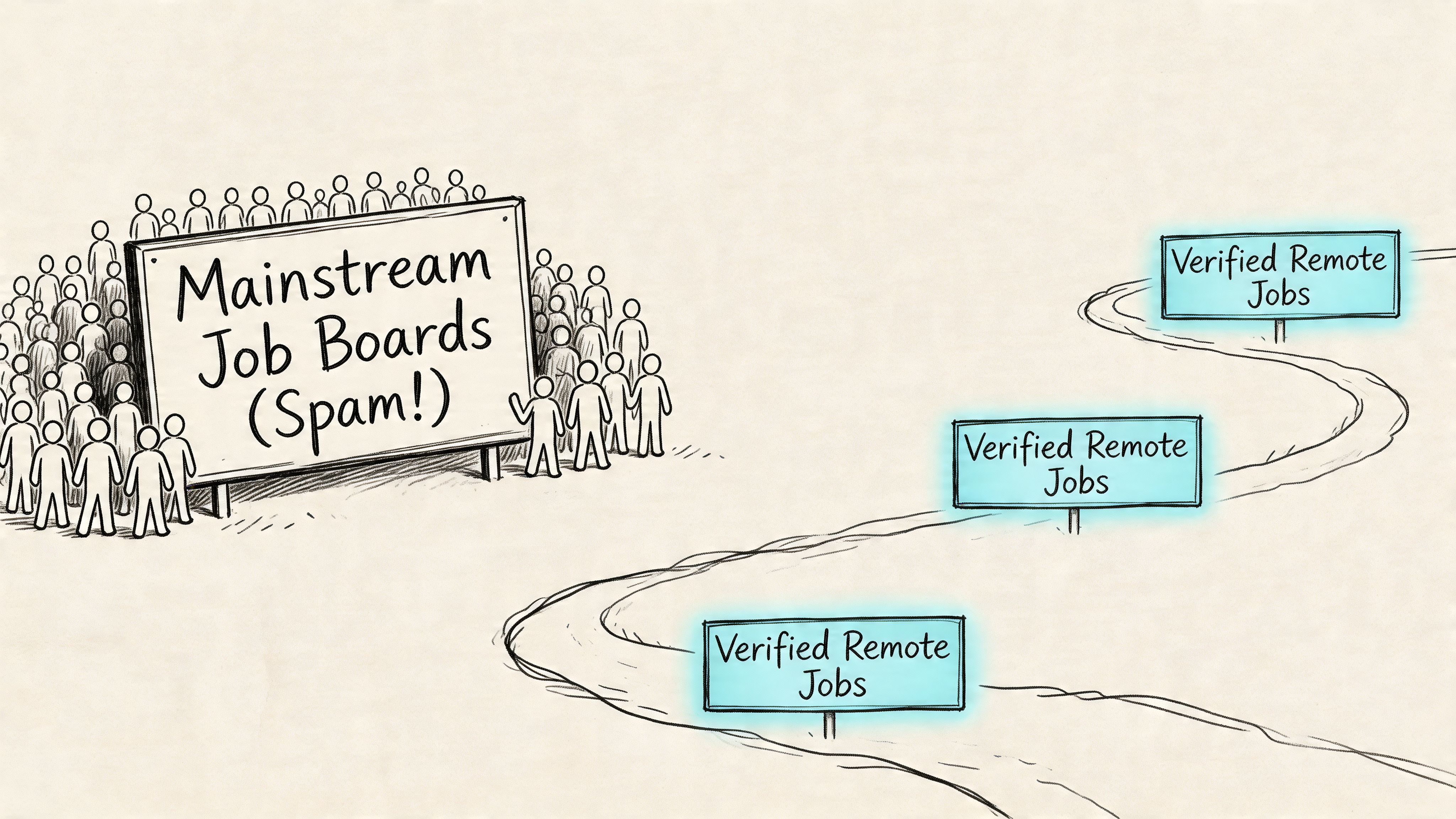 A line drawing showing a crowd at a spam-filled mainstream job board versus a clear path to verified remote jobs.