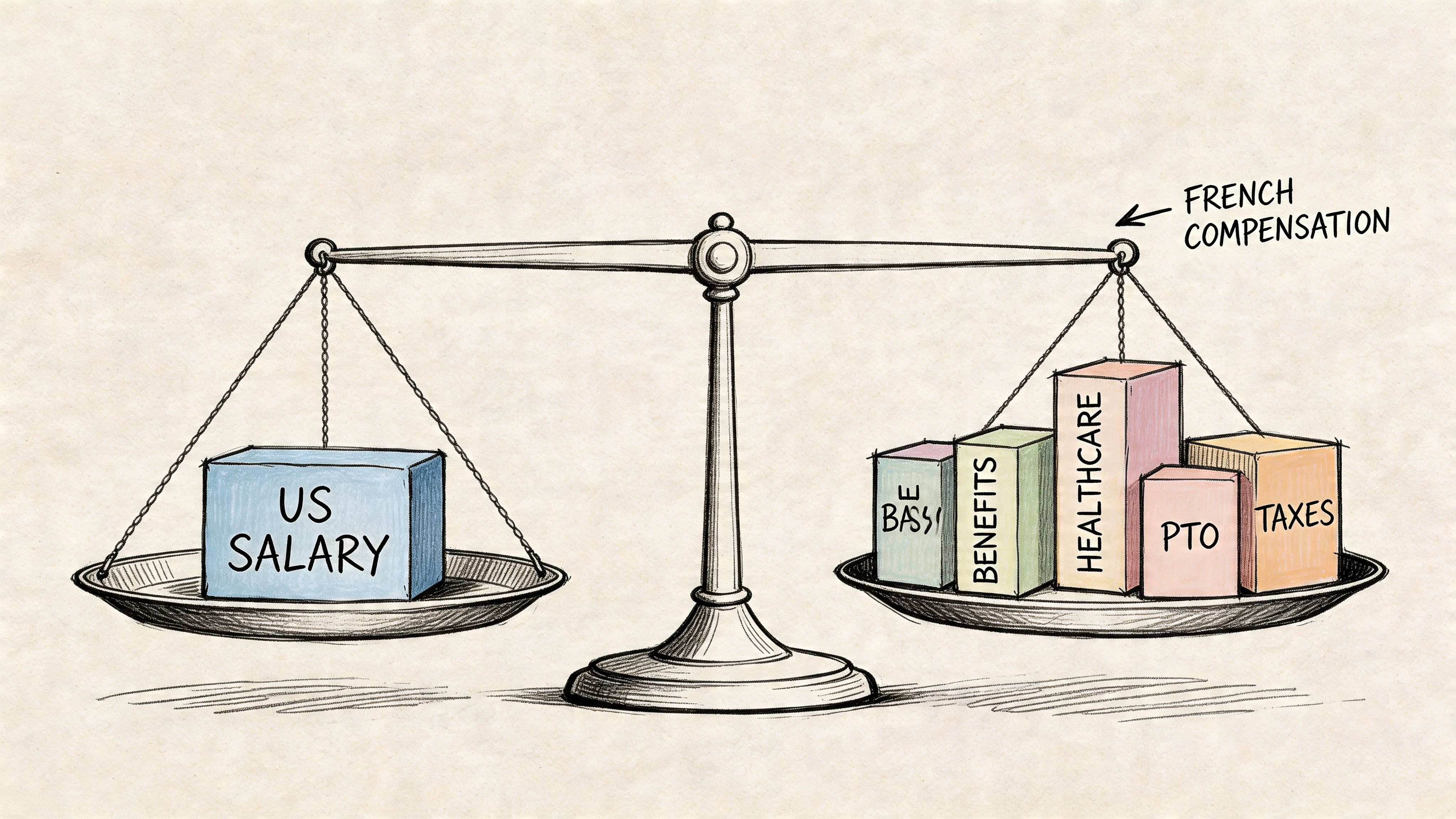 A conceptual balance scale comparing a large US salary block against various French compensation benefits and taxes.