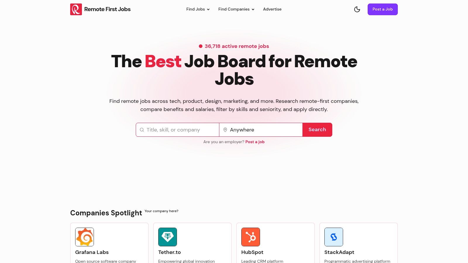 Screenshot of the Remote First Jobs website homepage, showcasing its job search interface and featured company logos.