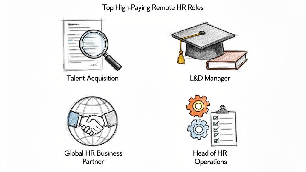 An illustration showcasing top high-paying remote HR roles including Talent Acquisition, L&D Manager, Global HR Business Partner, and Head of HR Operations.