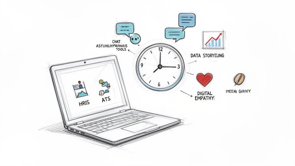 Sketch of a laptop with HRIS and ATS, a clock, chat tools, data storytelling, and digital empathy.