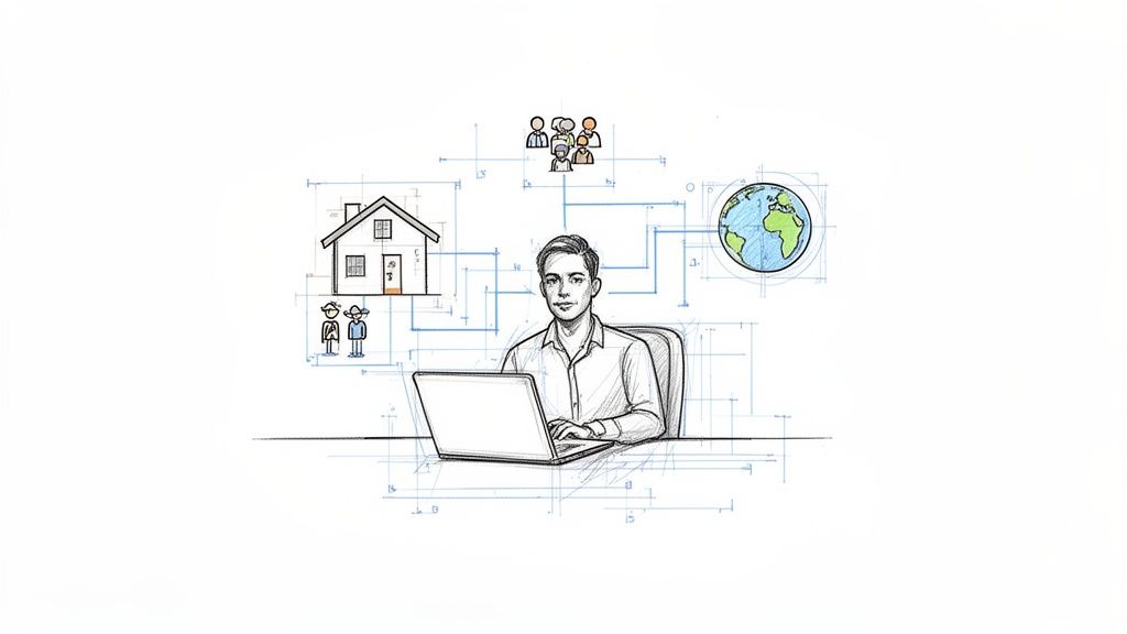Illustrated blueprint of a man working remotely, connecting to his home, family, team, and global network.