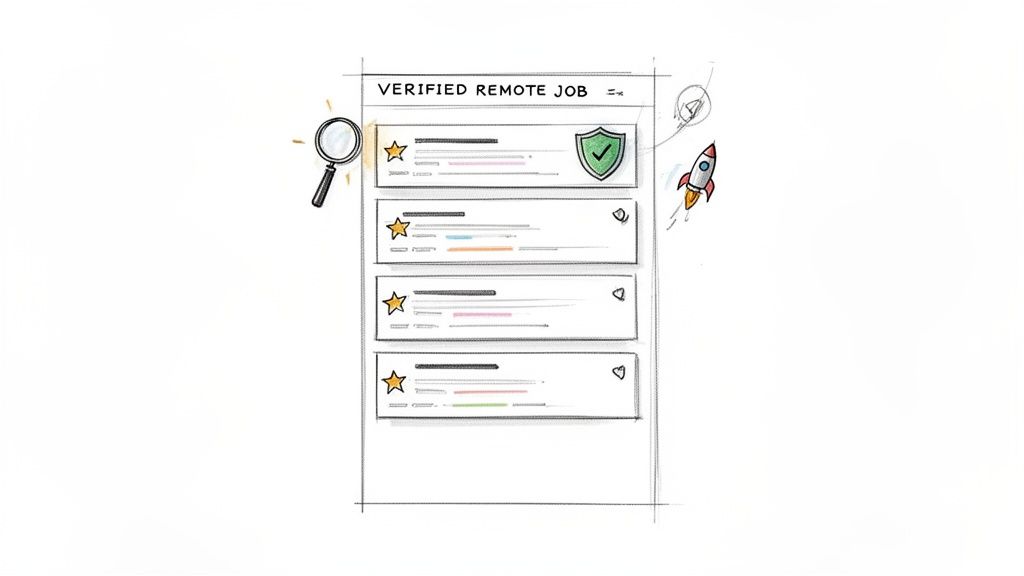 A hand-drawn sketch showing a web page listing verified remote jobs, with a magnifying glass and rocket.