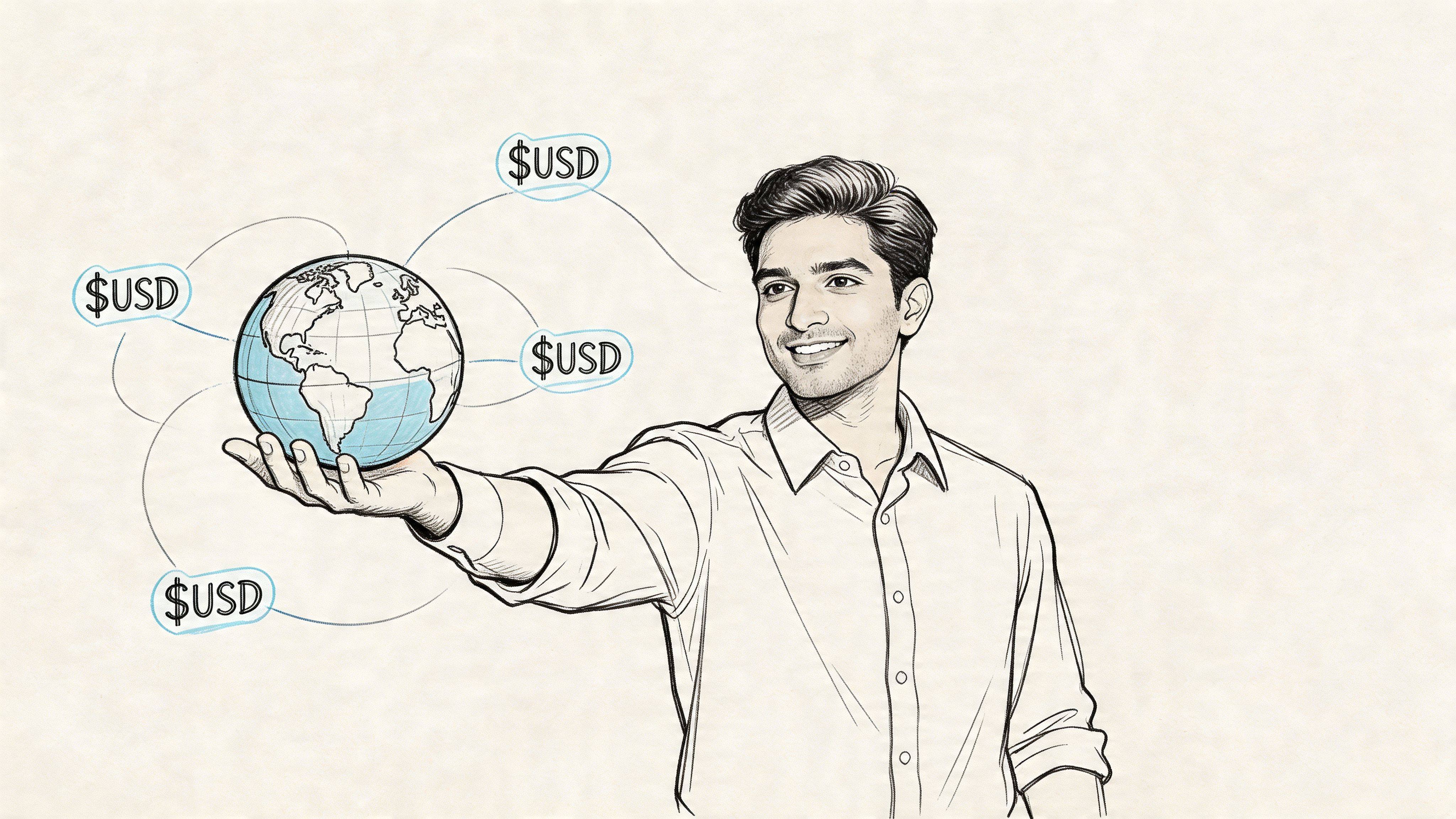 A professional man holding a globe with USD currency symbols representing global remote work opportunities.