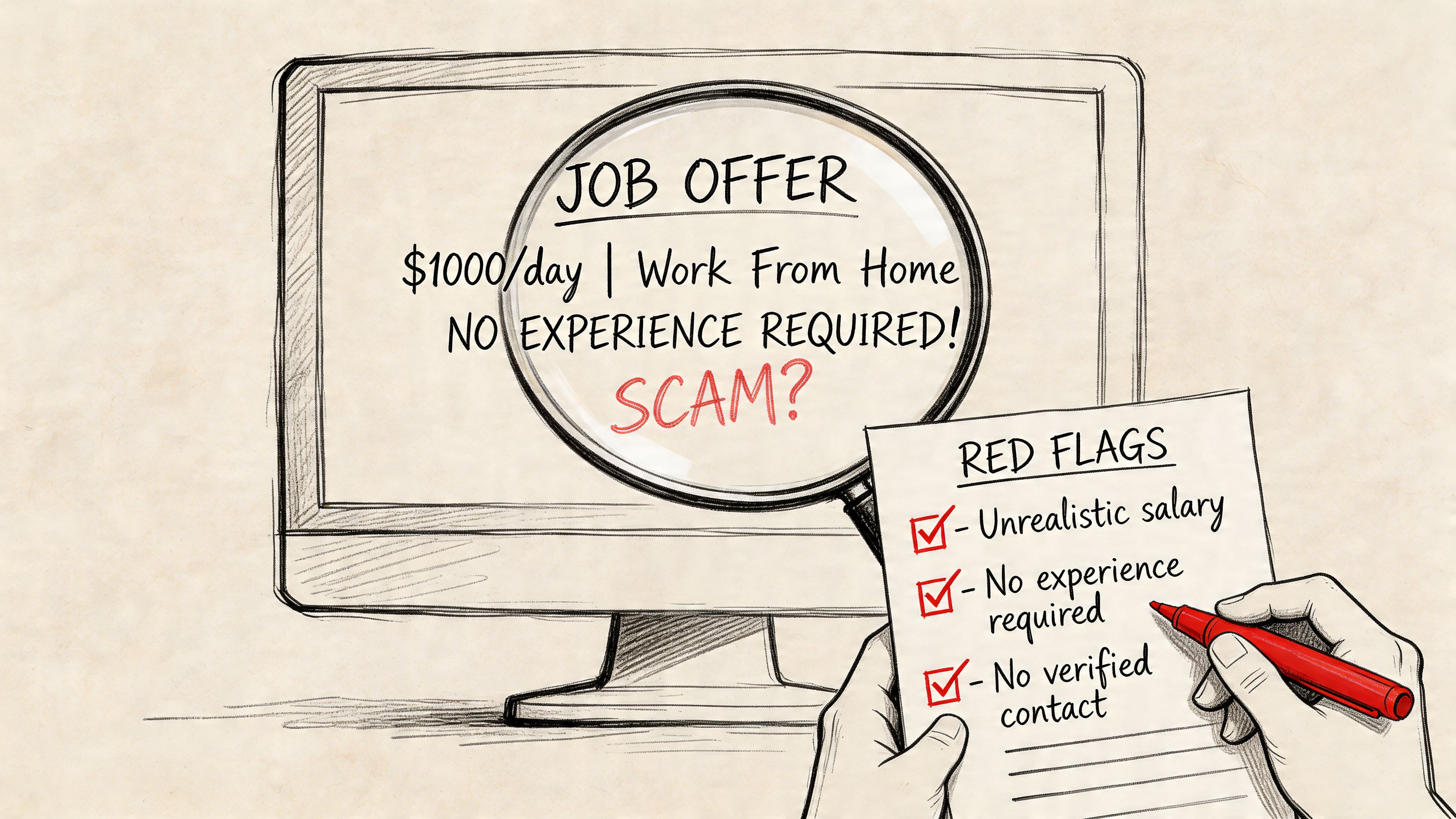 A hand holding a checklist of red flags for identifying potential work from home job scams.