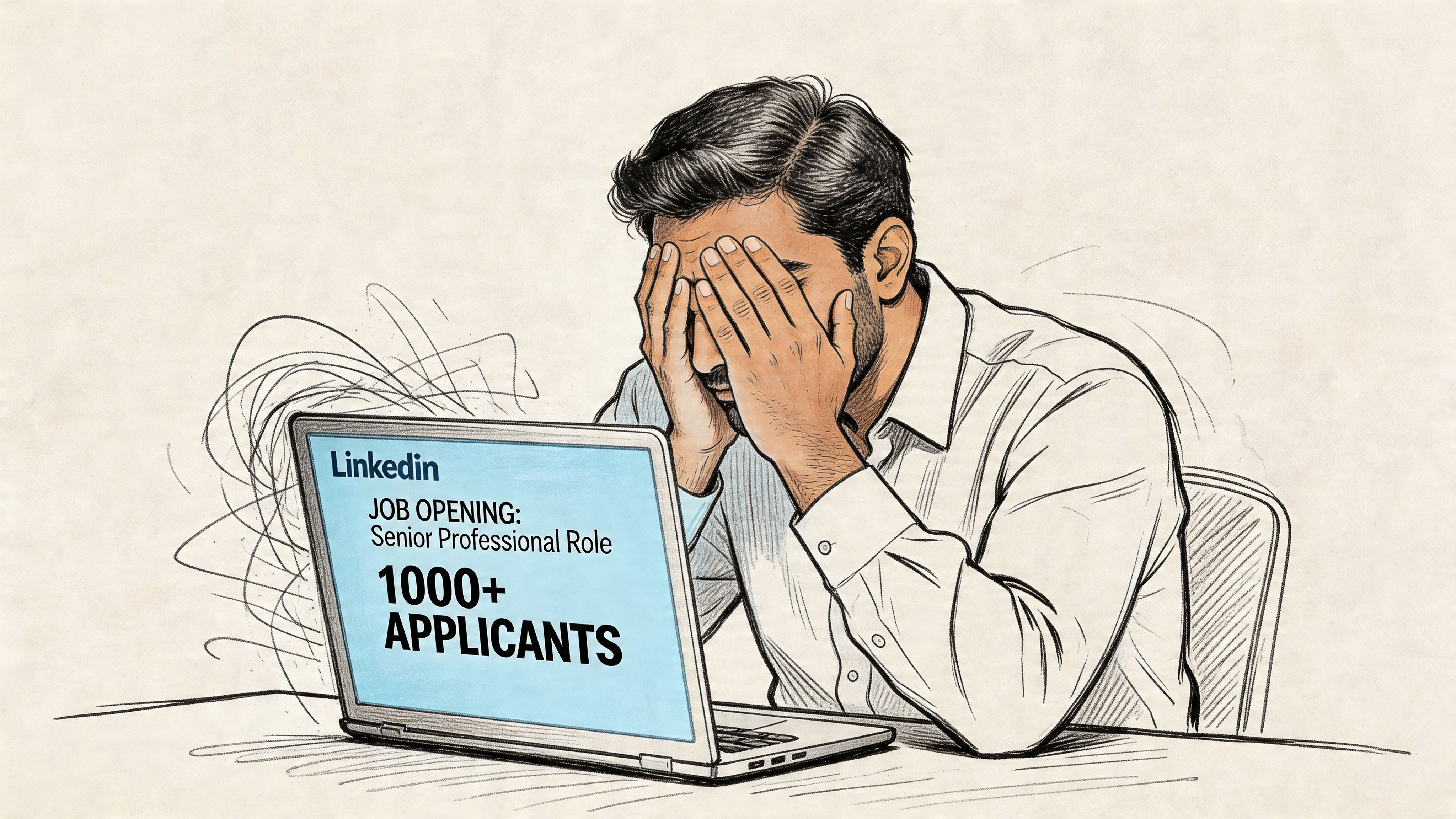 A frustrated professional man holding his head in despair while looking at a high volume of job applicants.
