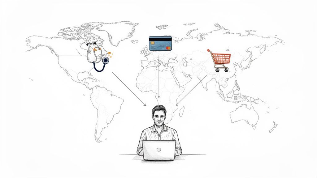 A man on a laptop accesses global services like healthcare, finance, and shopping on a world map.