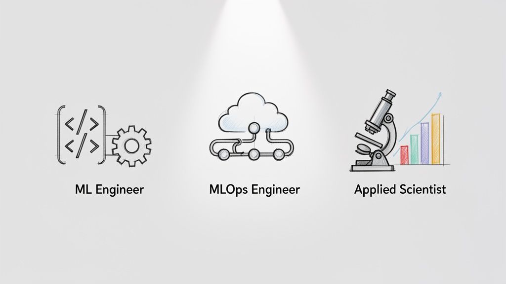 Three illustrations depict different roles: ML Engineer, MLOps Engineer, and Applied Scientist, with their respective icons.