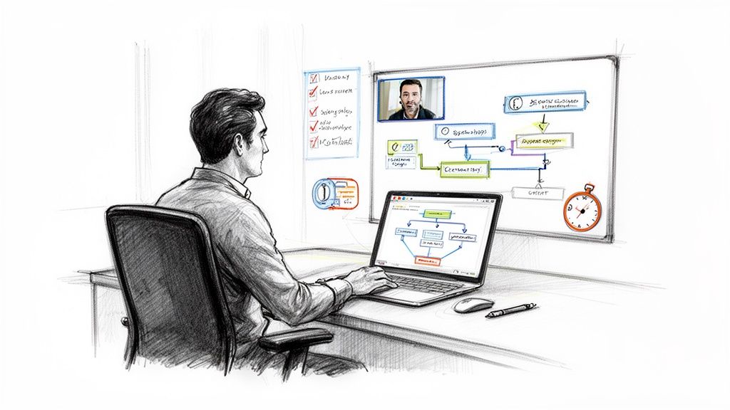 Sketch of a person working remotely, collaborating on a digital flowchart and video call.