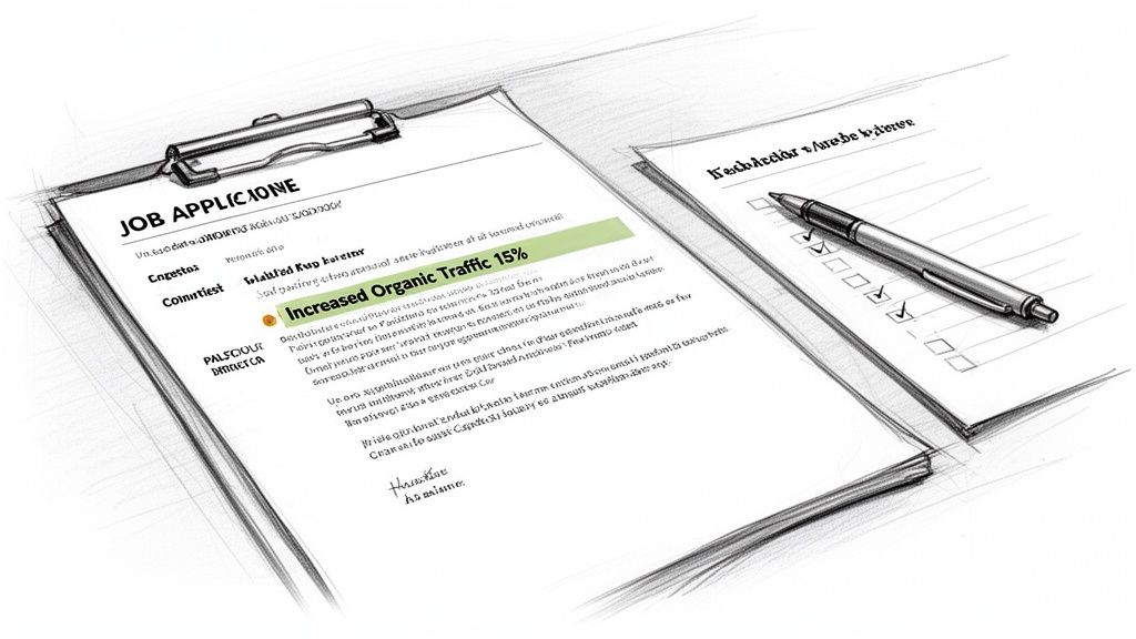 A hand-drawn sketch of a job application form highlighting increased organic traffic, next to a checklist with a pen.
