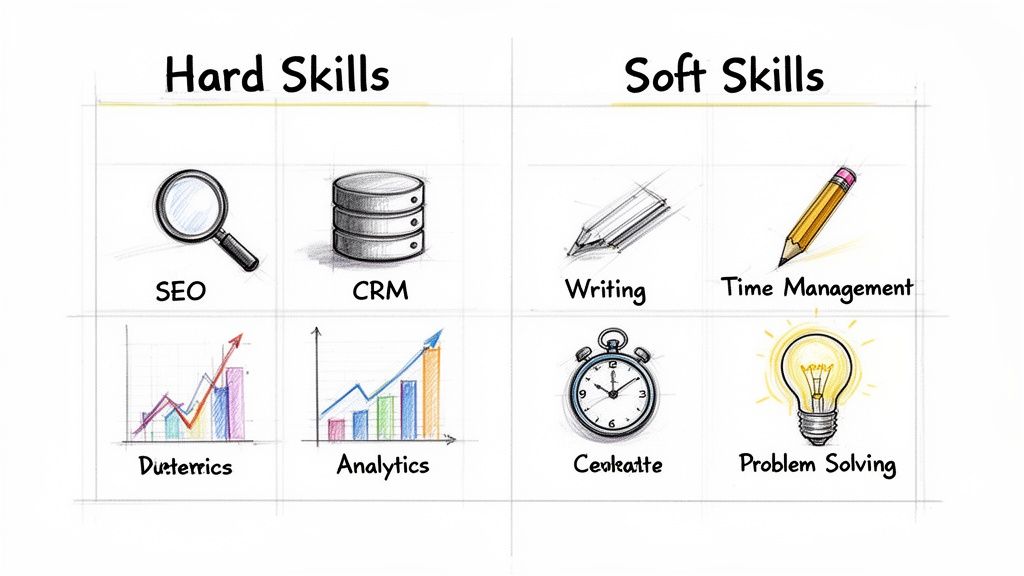 A visual diagram categorizing hard skills (SEO, CRM, Analytics) and soft skills (Writing, Time Management, Problem Solving).