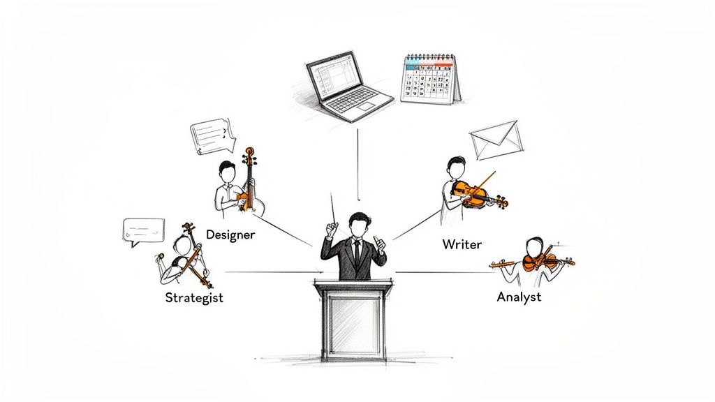 A conductor orchestrates a team of a strategist, designer, writer, and analyst, symbolizing remote project coordination.