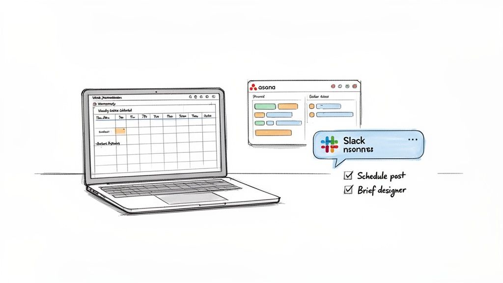 Illustration of a laptop showing a calendar, Asana tasks, and a Slack notification with ‘Schedule post’ and ‘Brief designer’ checked.