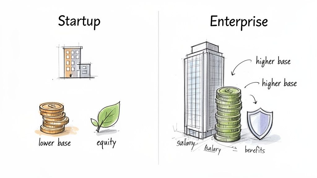 Illustration comparing compensation structures for startups (lower base, equity) and enterprises (higher base, benefits).