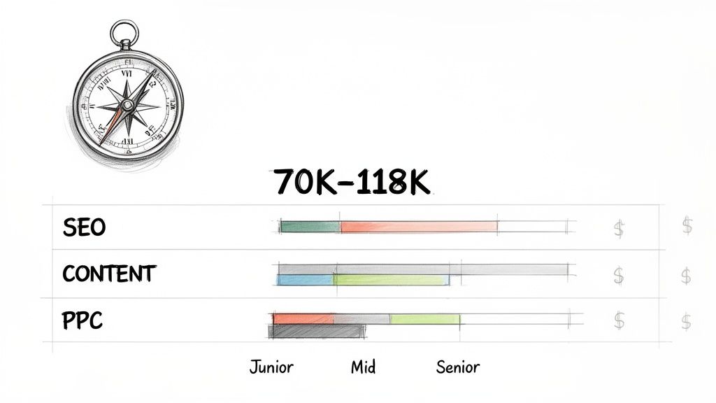 Bar chart displaying remote marketing job salaries for SEO, Content, and PPC roles by experience level.