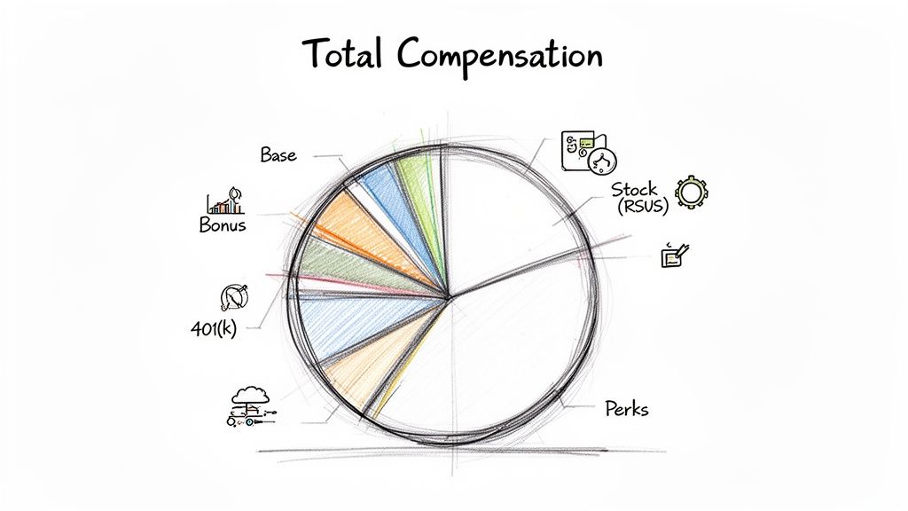 A hand-drawn pie chart illustrating total compensation components like base salary, bonus, 401(k), stock, and perks.